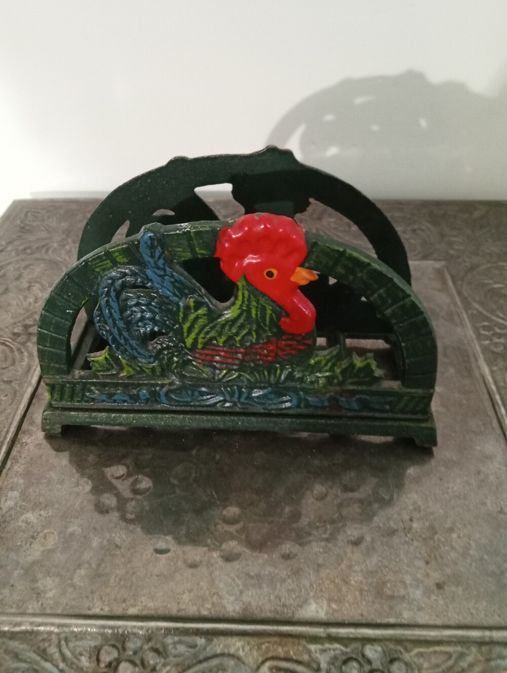 Vintage Cast Iron Rooster Napkin Holder in Green and Red